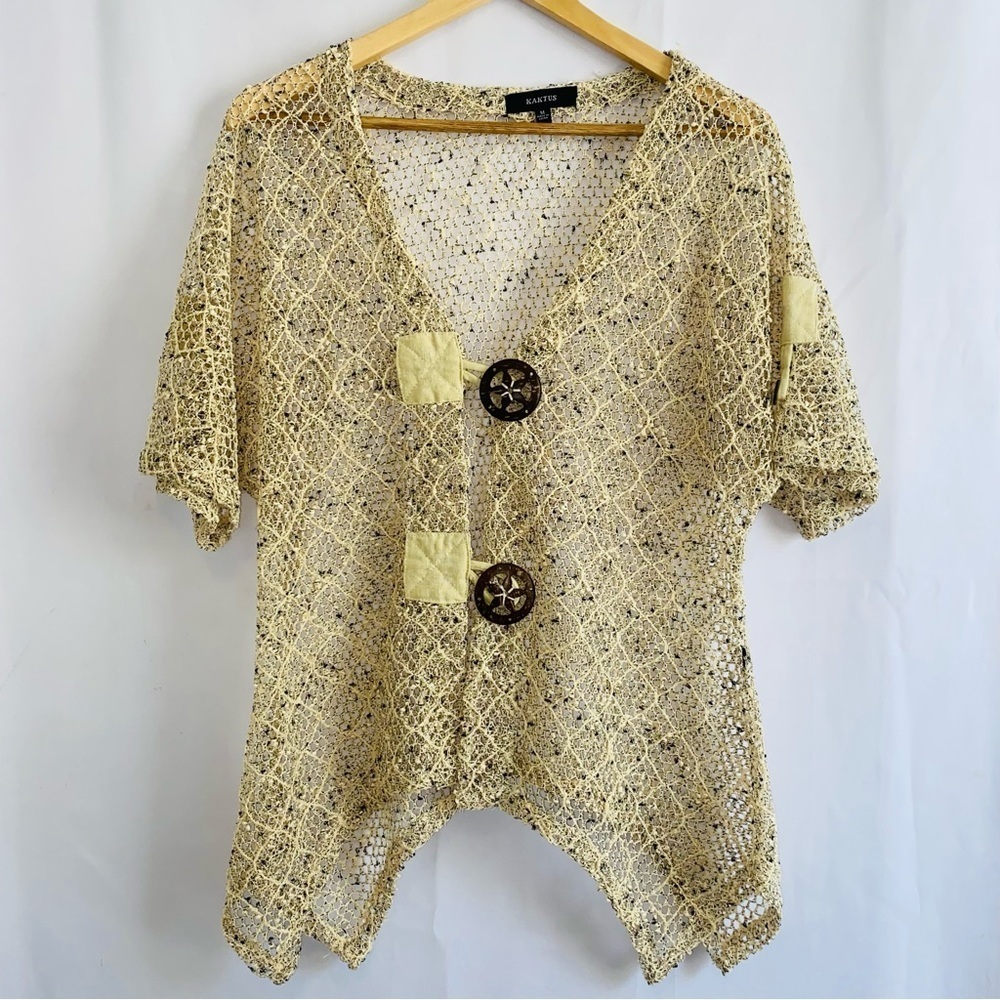Kaktus Crochet Knit Open Weave Wooden Button Boho Cardigan Size M never wore!